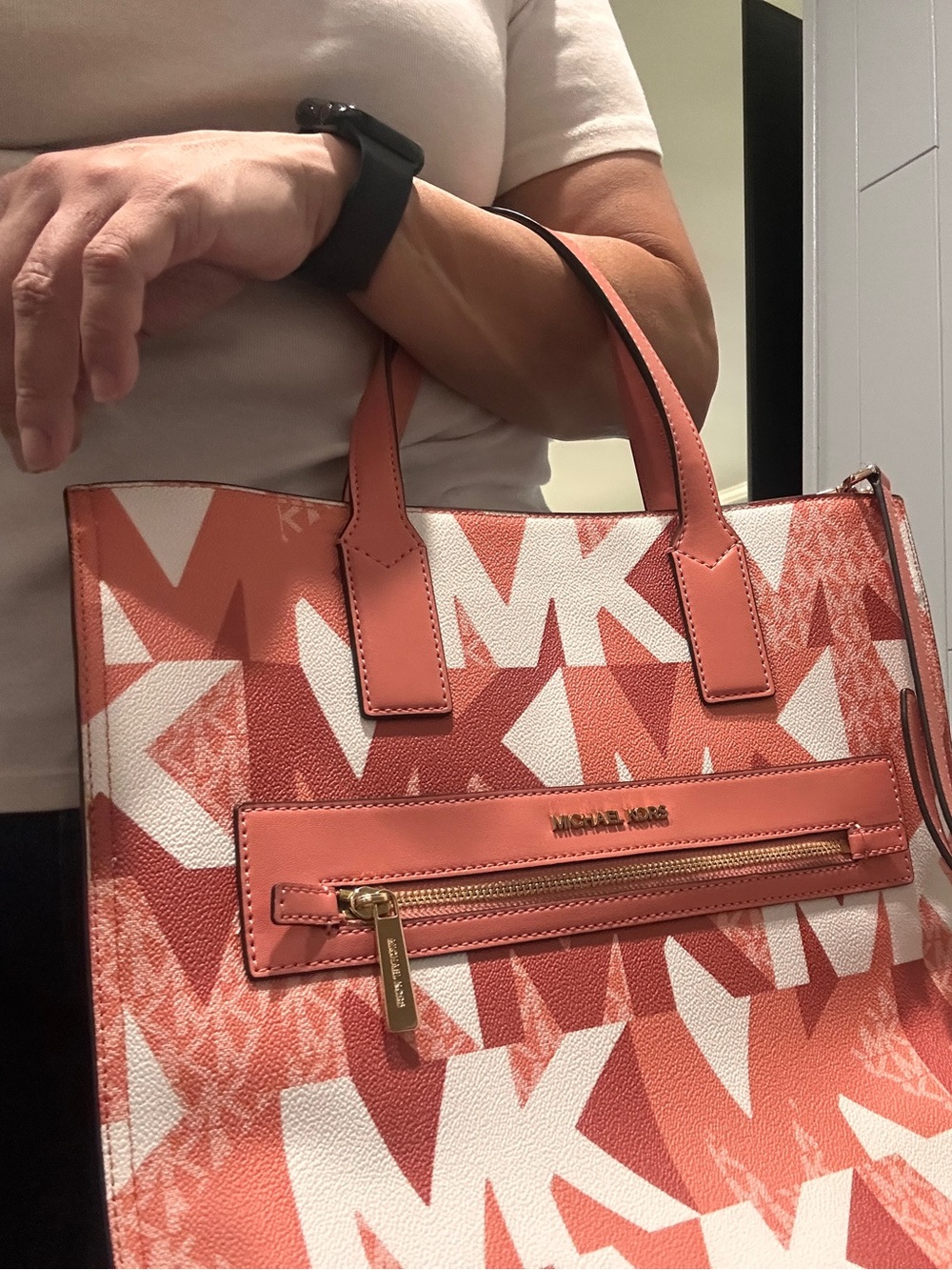 Michael Kors Coral and White MK Logo Tote